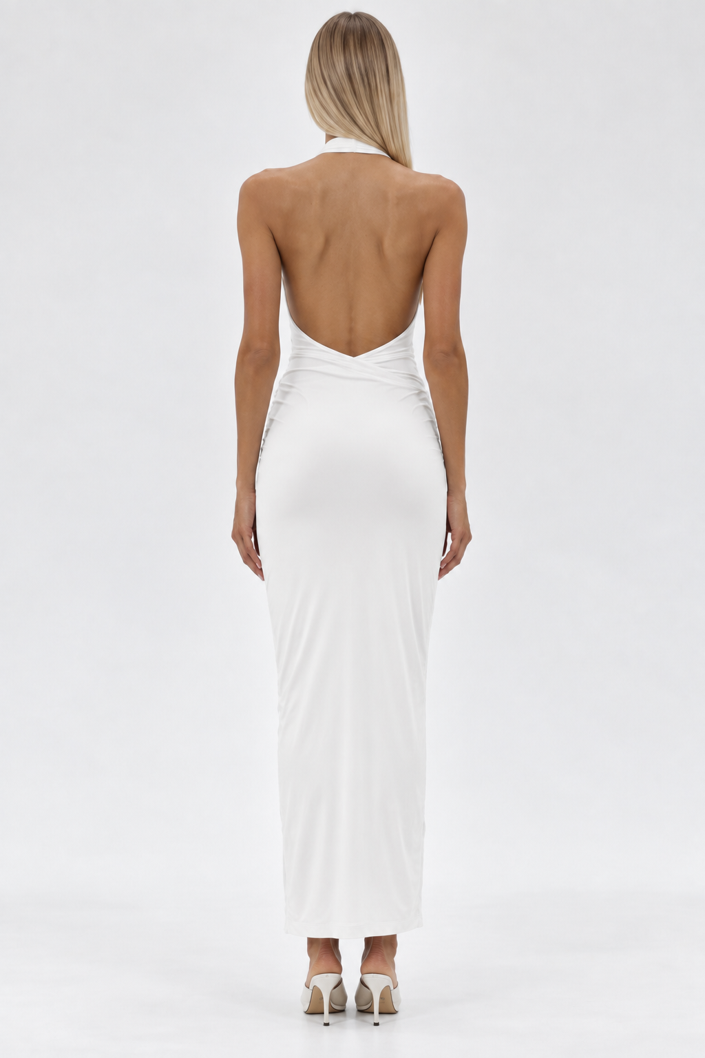 Ruched V-Neck Halter Midi Dress