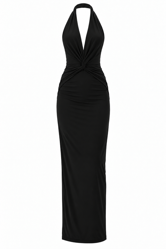 Ruched V-Neck Halter Midi Dress