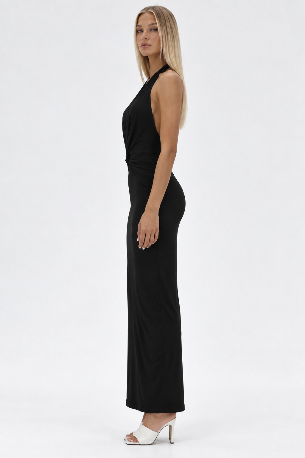 Ruched V-Neck Halter Midi Dress
