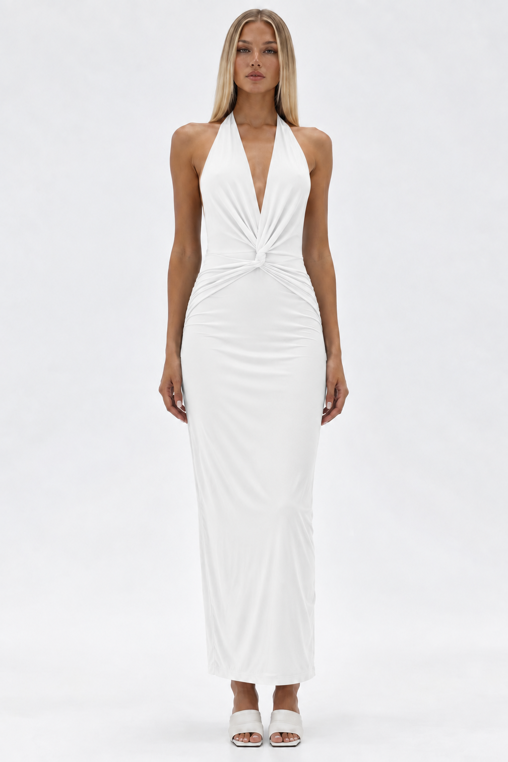 Ruched V-Neck Halter Midi Dress