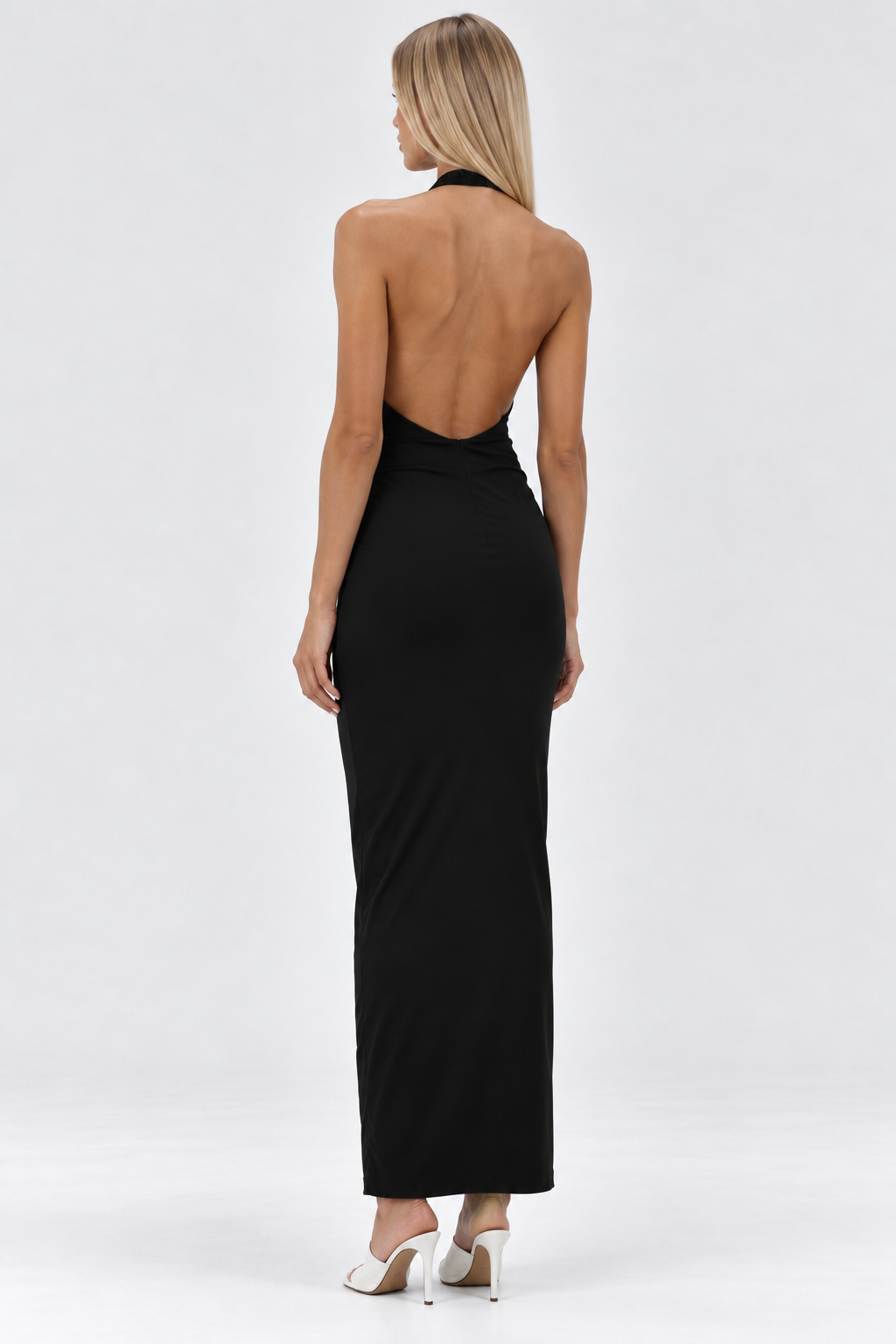 Ruched V-Neck Halter Midi Dress