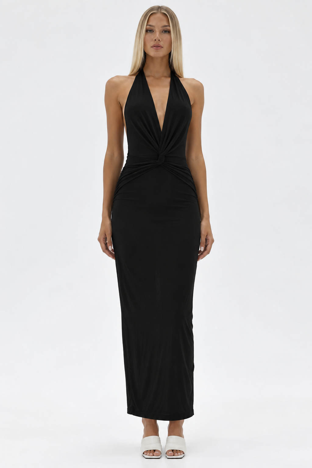 Ruched V-Neck Halter Midi Dress
