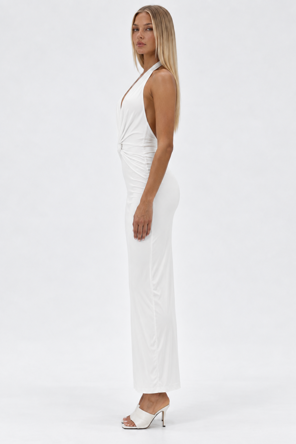 Ruched V-Neck Halter Midi Dress