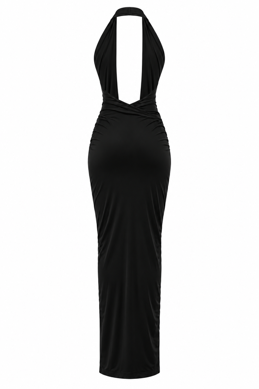 Ruched V-Neck Halter Midi Dress